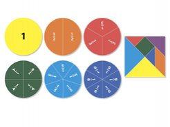 Демонстрационные карточки на магнитах Части целого на круге и дроби + Танграм